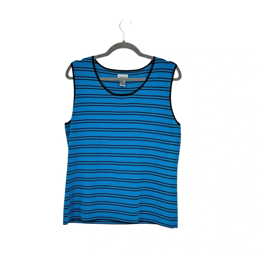 Chico’s Size 2 (Reg 12) Turquoise/Black Rayon/Nylon Striped Sleeveless Sweater